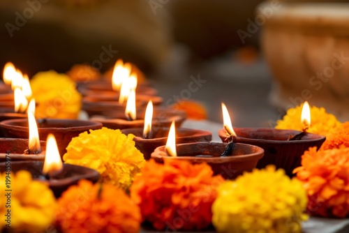 Bright Lights Shine From Clay Lamps Surrounded by Marigold Flowers at a Festi...