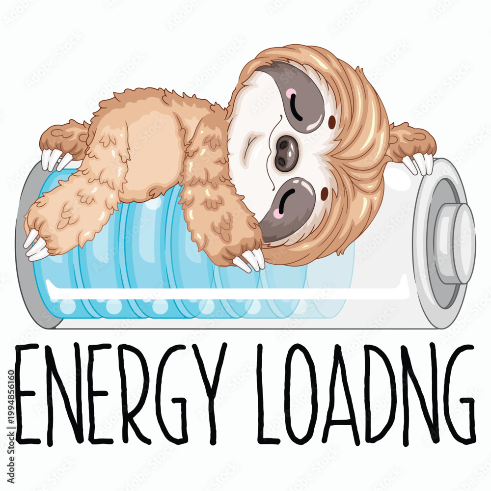Fototapeta premium Cartoon Sloth Sleeping on Battery Front View Vector Illustration