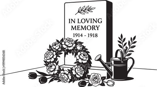Black and white cemetery scene with gravestone, flowers, and watering can  