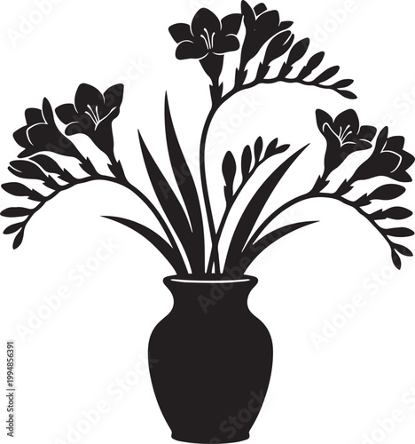 Black silhouette of a vase with blooming flowers and leaves  