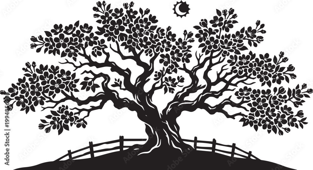 Fototapeta premium Black silhouette of a large tree with a fence and sun background