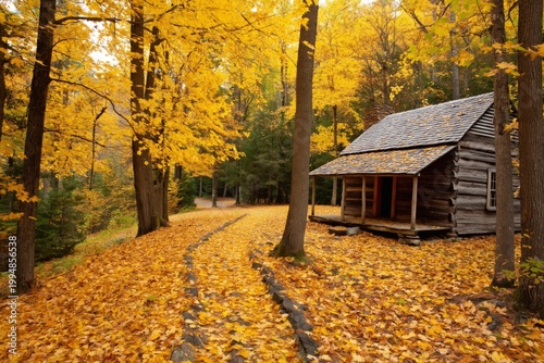 Colorful Autumn Leaves Surround a Rustic Cabin in a Wooded Area During Fall S...