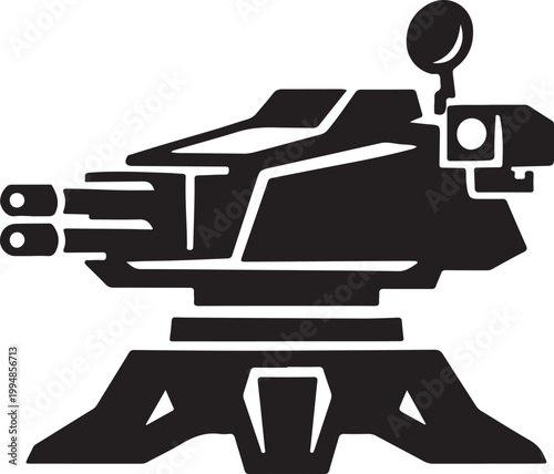 Black silhouette of a futuristic turret gun mounted on a base.