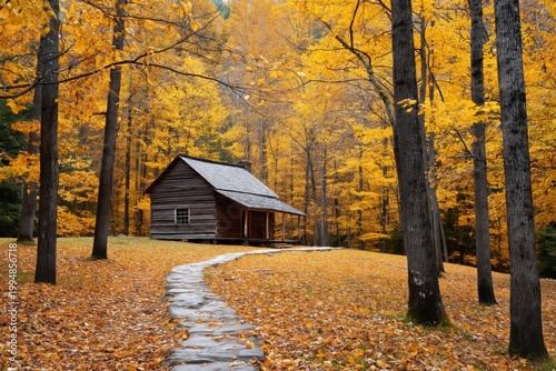Rustic Cabin Surrounded by Autumn Trees in a Forest Setting During the Daylight