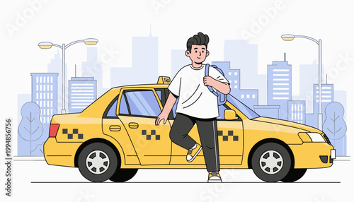 Young man getting out of taxi in city urban travel lifestyle scene