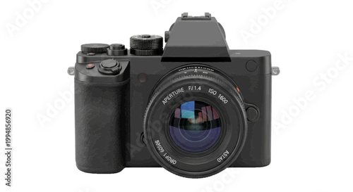 Vector illustration of modern professional mirrorless digital camera with lens on a transparent background