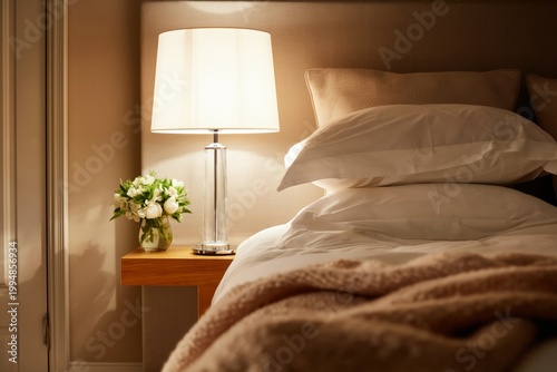 Cozy Bedroom With Soft Lighting, a Nightstand, Flowers, and Neatly Arranged B...