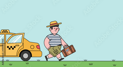 Tourist arriving with suitcase near taxi city travel lifestyle illustration