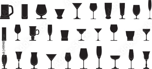 Professional glassware silhouette collection. Comprehensive set of cocktail, wine, spirit, and beer glass shapes for hospitality industry and bar.