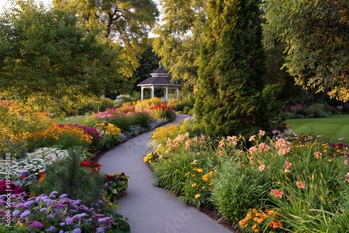 Bright Flowers Line a Winding Path Leading to a Gazebo in a Garden During Aft...