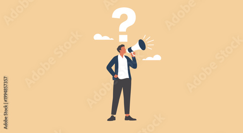 Man holding megaphone with question mark and clouds on beige background