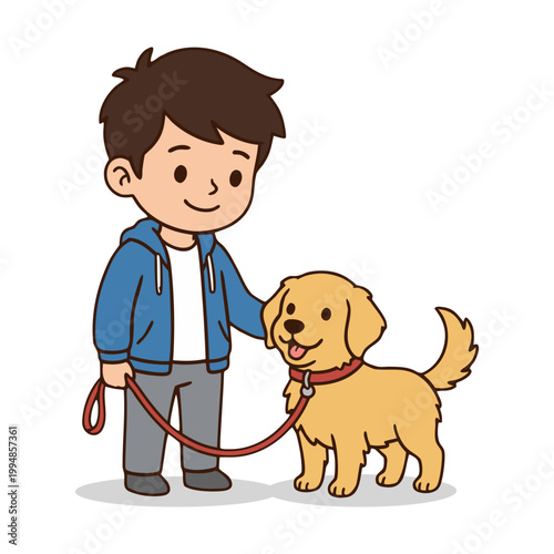 Cheerful Cartoon Illustration of a Boy Walking a Golden Retriever Dog