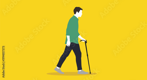 Man with cane walking on yellow background adult aged
