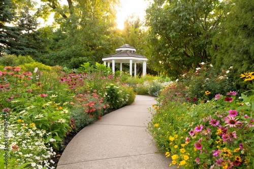 Beautiful Garden Path Leading to a Gazebo Surrounded by Colorful Flowers in t...