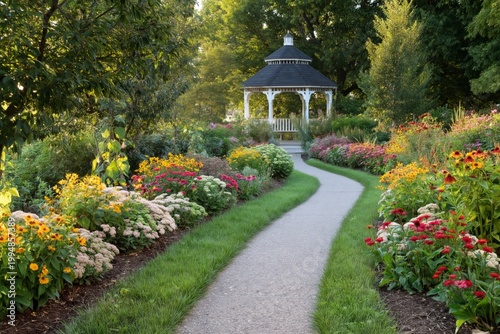 Bright Flowers Line a Winding Path Leading to a Gazebo in a Garden During Aft...