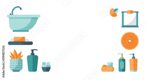 A collection of flat vector bathroom icons featuring a bathtub, toiletries, and spa essentials in a minimalist teal and orange color palette.