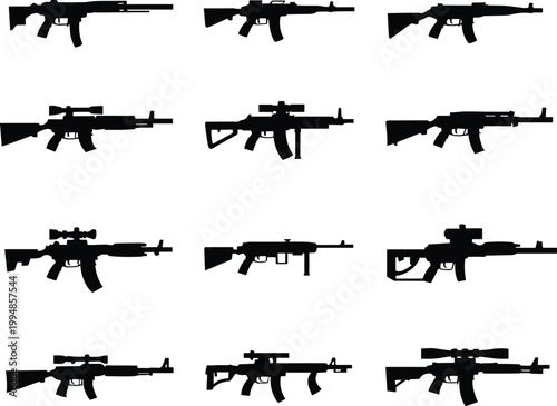 Collection of rifle silhouettes including assault rifles with scopes and tactical variations isolated on white background military equipment concept