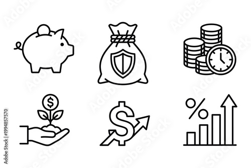 Financial savings and economic growth outline icon set including piggy bank investment capital increase with investment, security