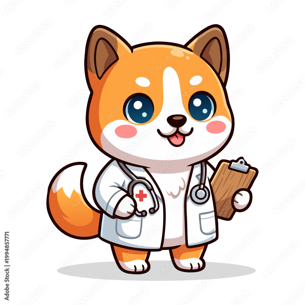 Fototapeta premium Cute Shiba Inu Doctor with Stethoscope and Clipboard