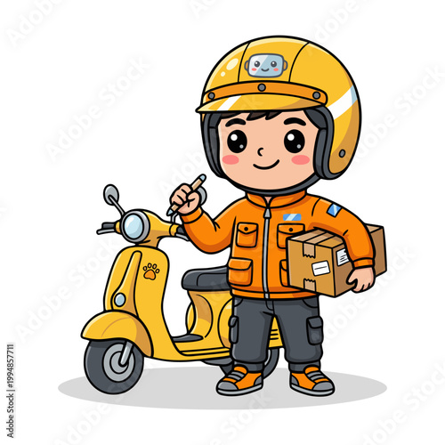 Cheerful Hand drawn Delivery Boy Character with Scooter and Package Illustration