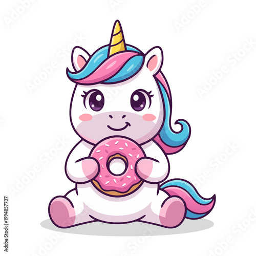 Cute Unicorn Holding Donut Sweet Treat Illustration Art