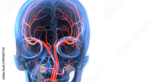 A detailed illustration of the human brain's vascular system with red blood vessels and blue transparent skull