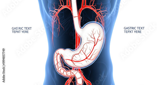 A detailed illustration of the human stomach and digestive system with blood vessels