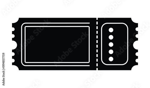 Black and white illustration of a blank ticket with perforated edge and dotted line, isolated on white background.