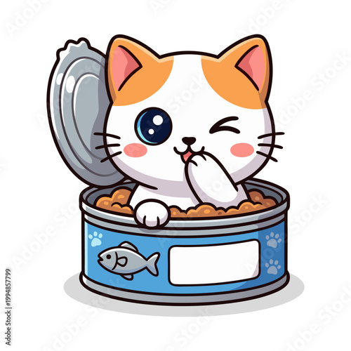 Whimsical Hand drawn Kitten Peeking from Can of Food Illustration