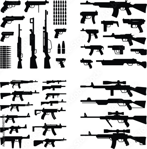 Extensive collection of weapon silhouettes including pistols rifles shotguns and ammunition sets isolated on white background military defense and security concept