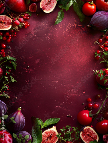 Fresh fruits and herbs arranged around center in rich red tones representing gourmet cooking backdrop with copy space