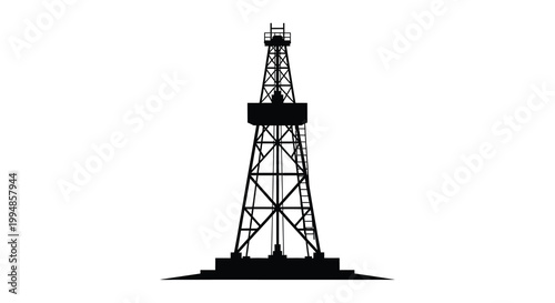 A stark silhouette depicts a towering oil derrick structure against a completely white background emphasizing industrial design