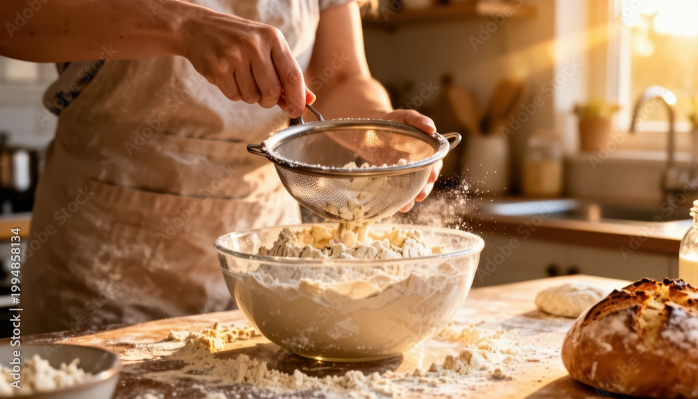 Fototapeta premium The woman sifts flour into a bowl while preparing to bake. Flour dust fills the air as the woman focuses on her baking task in the warm kitchen light.
