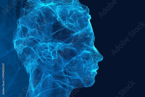 Digital Art Shows a Blue Abstract Representation of a Human Head in Profile View
