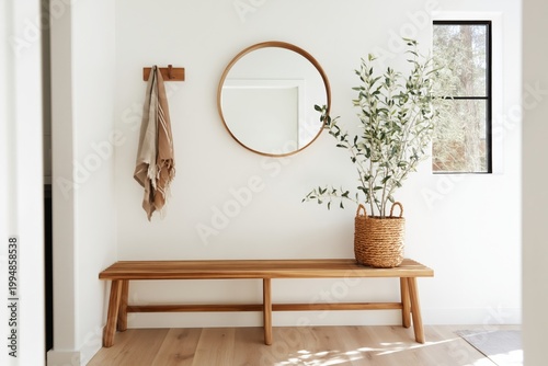 Modern Entryway With Wooden Bench and Simple Decor in a Bright Space