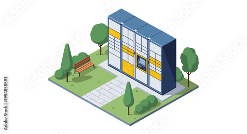 Isometric 3D Illustration of an Automated Smart Parcel Locker in a Park Setting for Secure Package Delivery and Collection