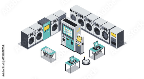 Isometric Smart Laundromat Illustration with IoT Control Panel, Automated Washing Machines and Self-Service Laundry Management System
