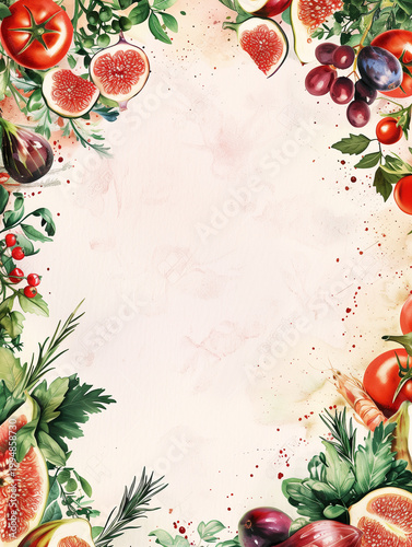 Fresh fruits and herbs watercolor frame in vibrant tones representing healthy food design with copy space