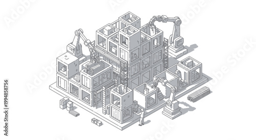 Isometric Automated Modular Construction Site with Robotic Arms and Prefabricated Housing Units