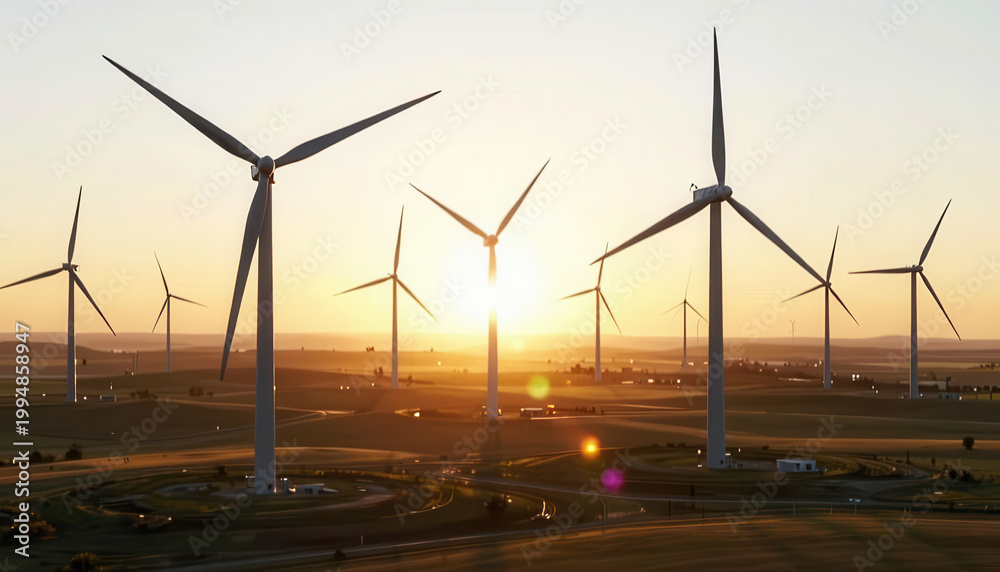 Naklejka premium Wind turbines are visible across the landscape as the sun sets. The setting sun casts a warm glow on the wind turbines, highlighting their blades and bases.