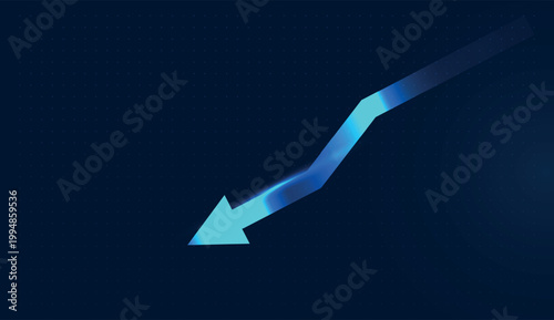 A glowing neon line turns into a sharp arrow pointing down, signaling a sudden shift in digital Finance. and A bright blue arrow aims downward