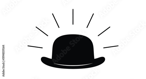 A minimalist black and white illustration depicts a bowler hat with radiating lines suggesting light or energy