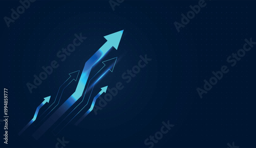 Several jagged digital lines rise sharply, each ending in an arrow pointing upward to signal a bullish Business market. Finance graphic features a series of upward-moving paths