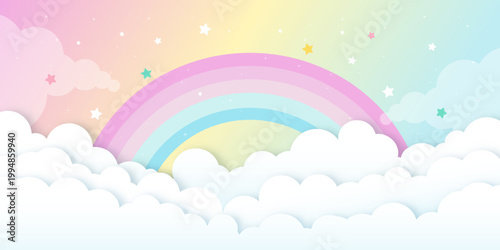 Unicorn themed pastel pink background, kawaii holographic space or galaxy wallpaper and magical mermaid fantasy landscape with gradient rainbow, paper sky cloud, star, glitter sparkle and bokeh light.
