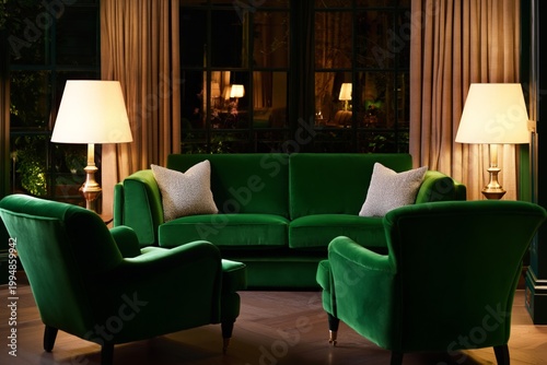 Cozy Green Seating Area With Lamps and Curtains in a Living Space at Night
