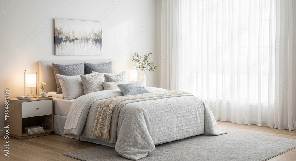 Fototapeta premium Serene bedroom interior with natural light neutral tones and modern decor elements for a relaxing atmosphere