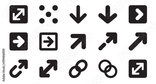 Set of fifteen icons depicting arrows in various directions, dots, and connected shapes.