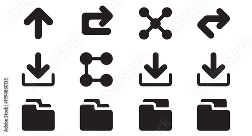 Set of twelve icons depicting arrows, share symbols, download, and folders on white.