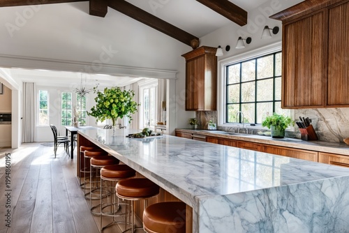 Modern Kitchen With Marble Island and Wooden Beams During Daylight Hours