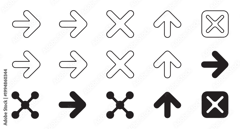Fototapeta premium Universal interface navigation symbols featuring arrows cross icons and network graphics.